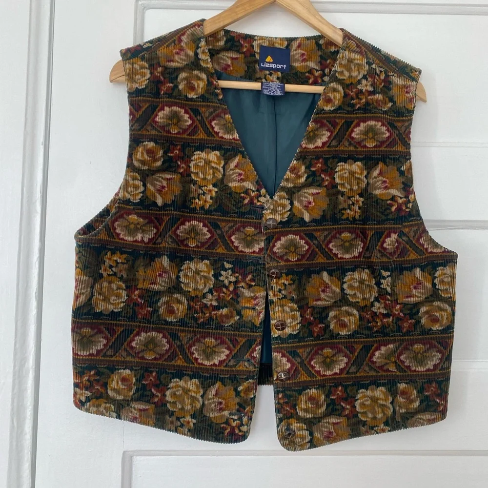 Vintage corduroy floral Cottagecore button up vest - Picture 1 of 9